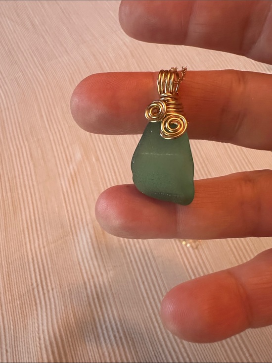 Jewelry - Gold-Wrapped Teal/Green Authentic Sea Glass Pendant w/gold fill chain
